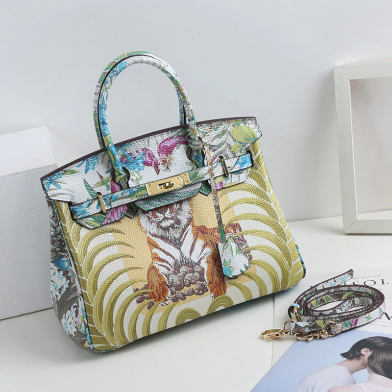 Women's Litchi Pattern Top Layer Cowhide Print Painted Genuine Handbags