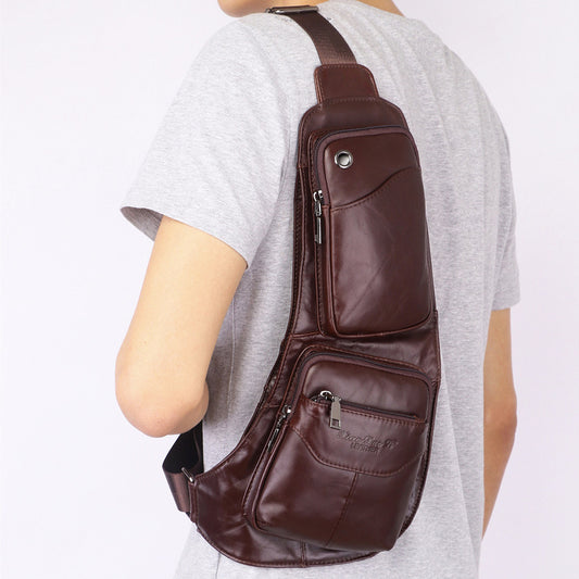 Men's Cowhide Genuine Leather Personality Retro Mobile Men's Chest Bags
