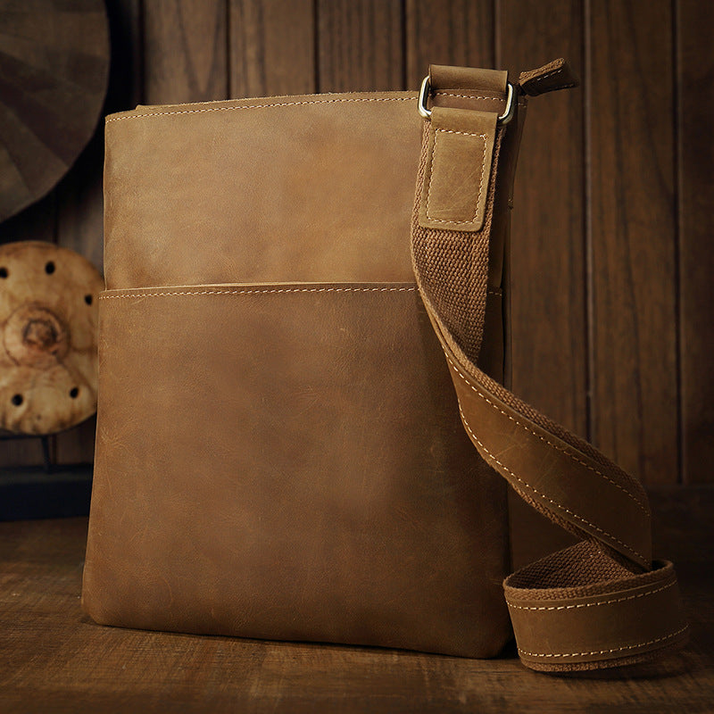 Men's Handmade Crazy Horse Leather Vertical Simple Men's Shoulder Bags