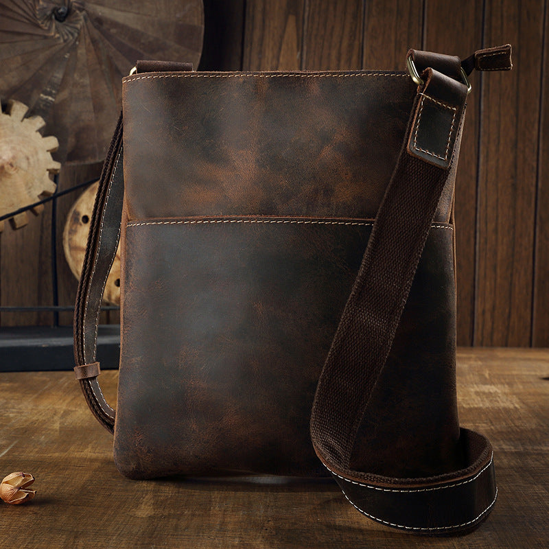 Men's Handmade Crazy Horse Leather Vertical Simple Men's Shoulder Bags