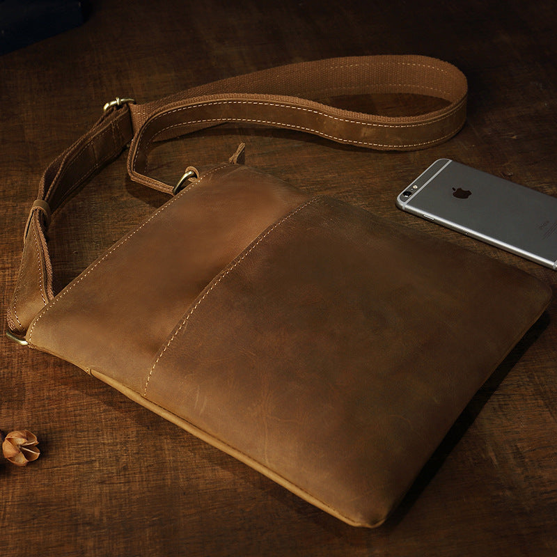 Men's Handmade Crazy Horse Leather Vertical Simple Men's Shoulder Bags