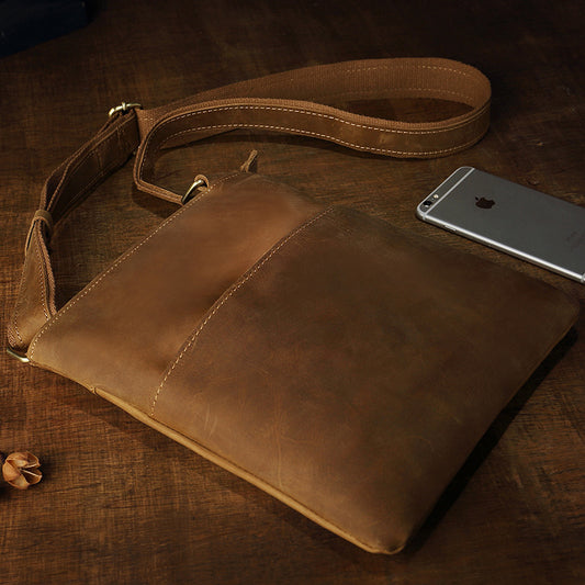 Men's Handmade Crazy Horse Leather Vertical Simple Men's Shoulder Bags