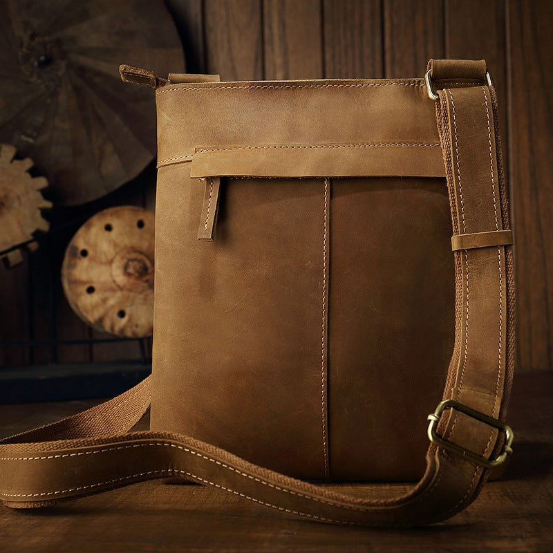 Men's Handmade Crazy Horse Leather Vertical Simple Men's Shoulder Bags