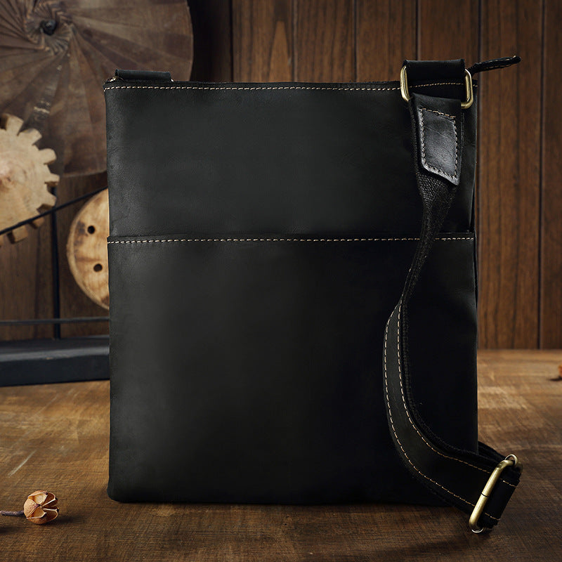Men's Handmade Crazy Horse Leather Vertical Simple Men's Shoulder Bags