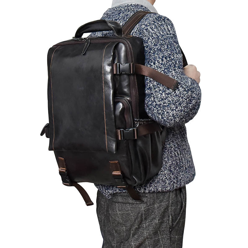 Men's Korean Style Genuine Leather Cowhide Flip Large Backpacks