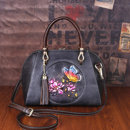 Women's Cowhide Retro Style Shell Brushed Embossed Shoulder Bags