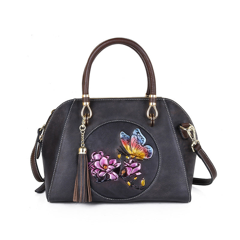 Women's Cowhide Retro Style Shell Brushed Embossed Shoulder Bags