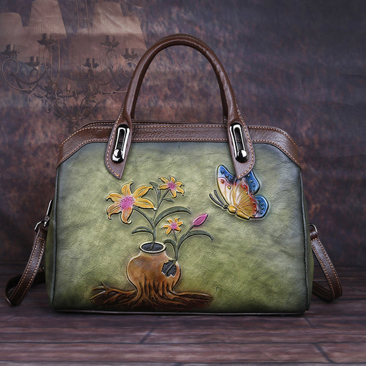 Women's Layer Cowhide Leather Chinese Style Vintage Floral Shoulder Bags