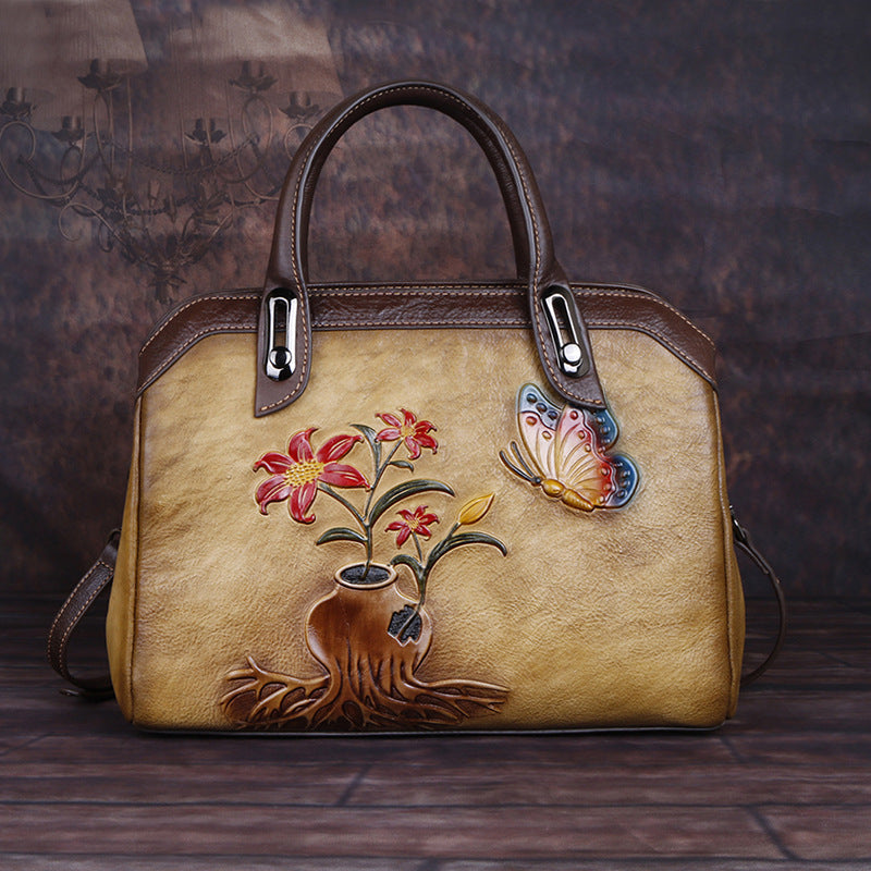 Women's Layer Cowhide Leather Chinese Style Vintage Floral Shoulder Bags