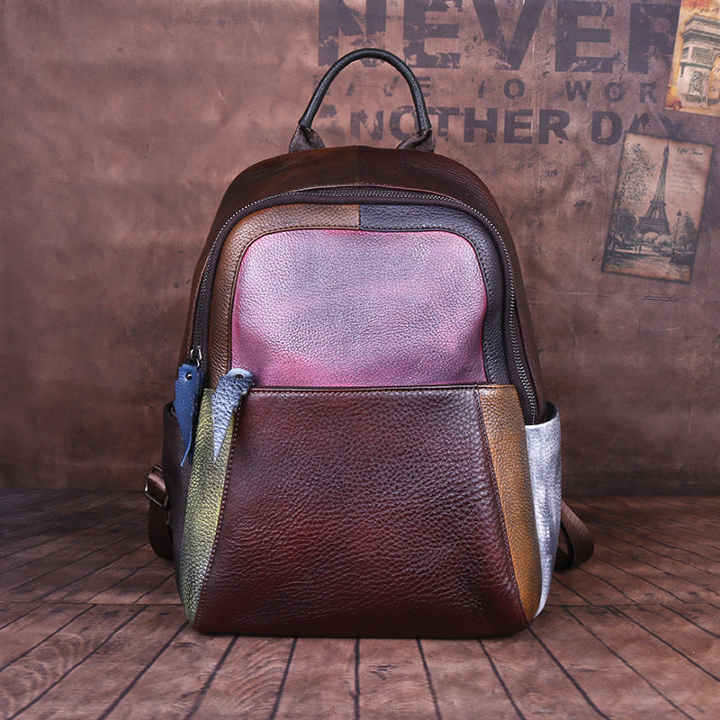 First Layer Leather Contrast Color Series Retro Backpacks
