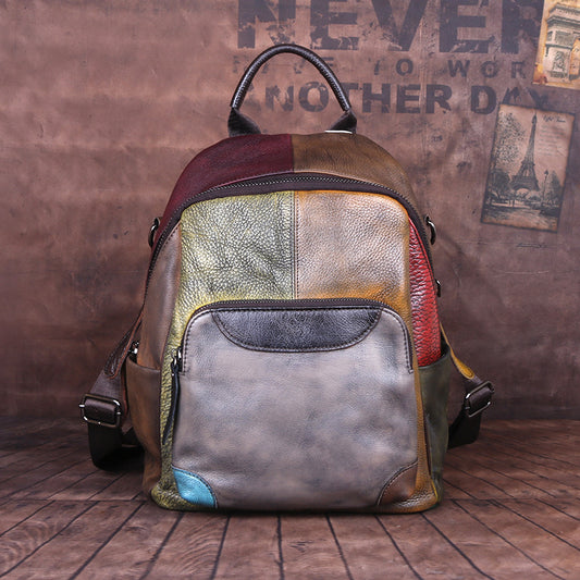 First Layer Leather Contrast Color Series Retro Backpacks