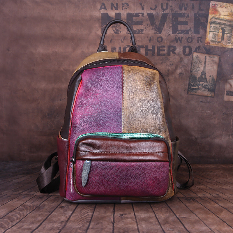 First Layer Leather Contrast Color Series Retro Backpacks