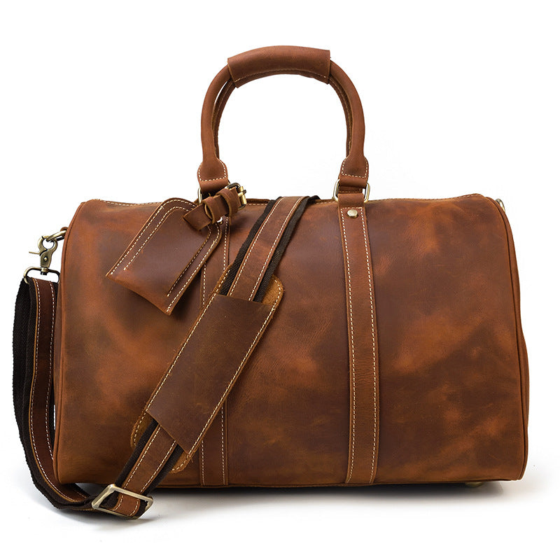 Men's Retro Traveling Crazy Horse Leather Cylinder Travel Bags