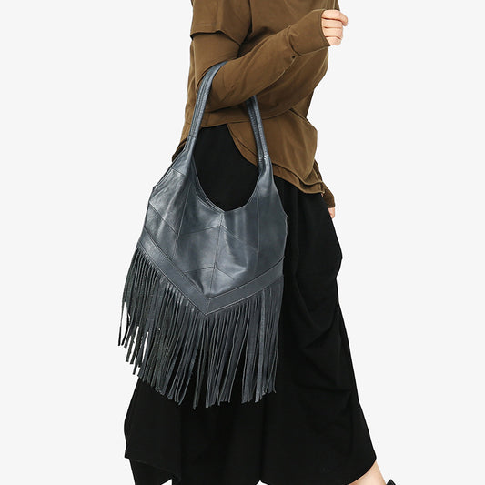 Women's Genuine Leather First Layer Cowhide Tassel Shoulder Bags