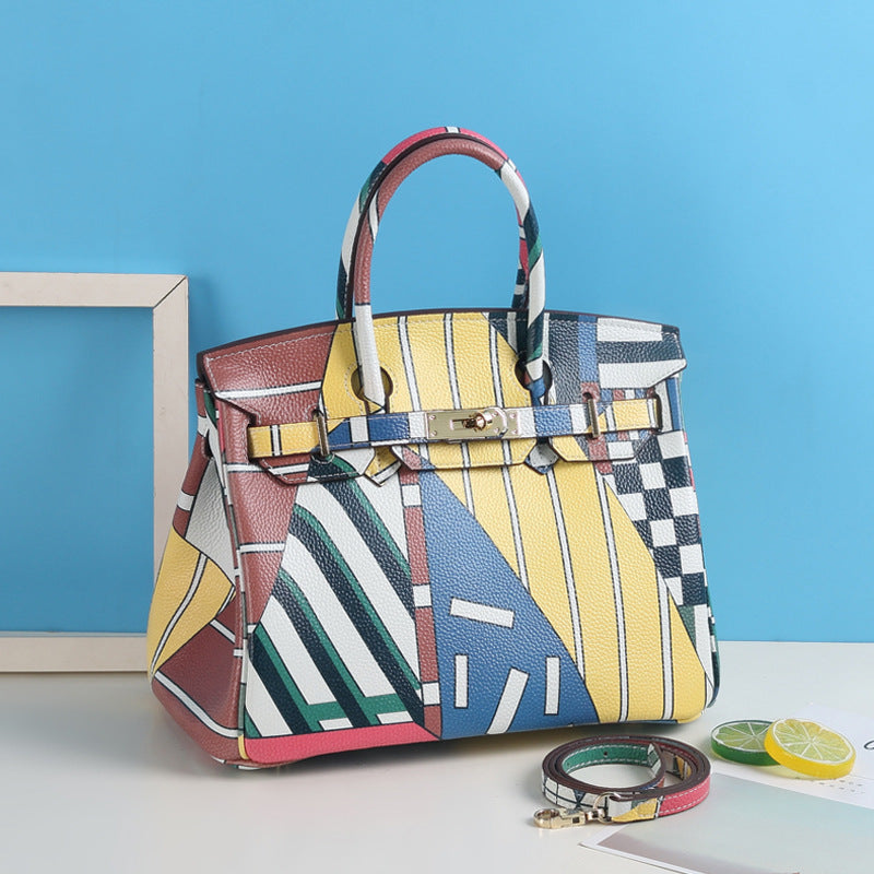 Women's Litchi Pattern Top Layer Cowhide Print Painted Genuine Handbags