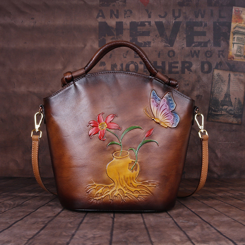 Broadcast Chinese Style First Layer Cowhide Shoulder Bags
