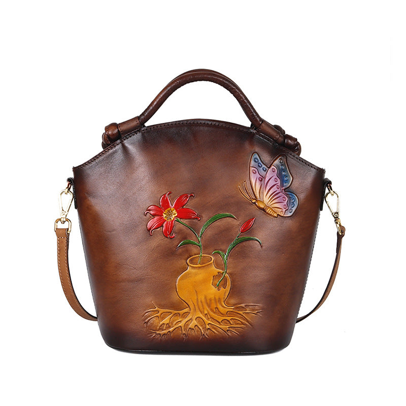 Broadcast Chinese Style First Layer Cowhide Shoulder Bags