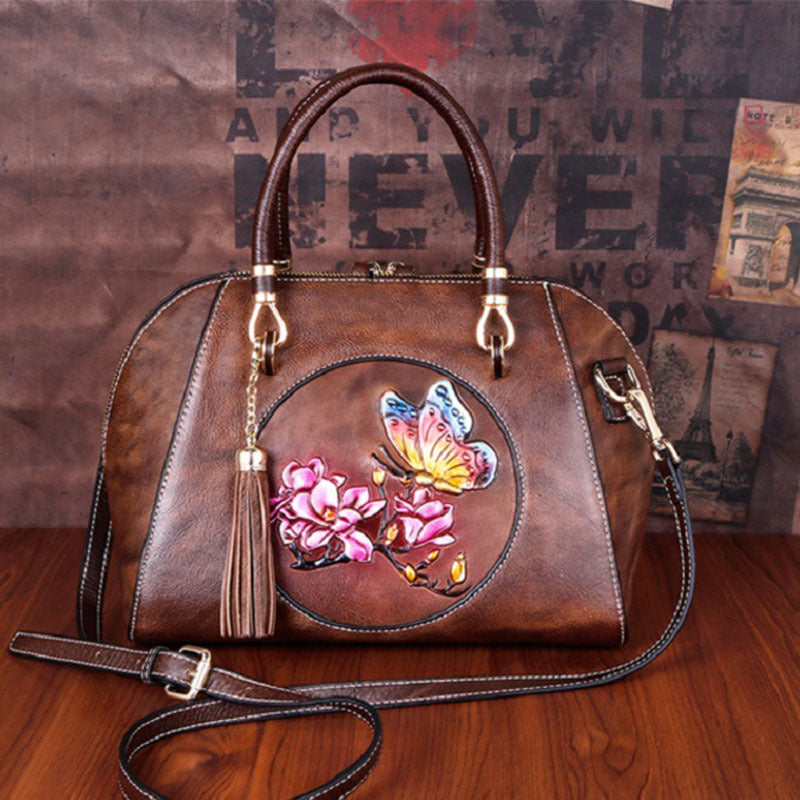 Women's Cowhide Retro Style Shell Brushed Embossed Shoulder Bags