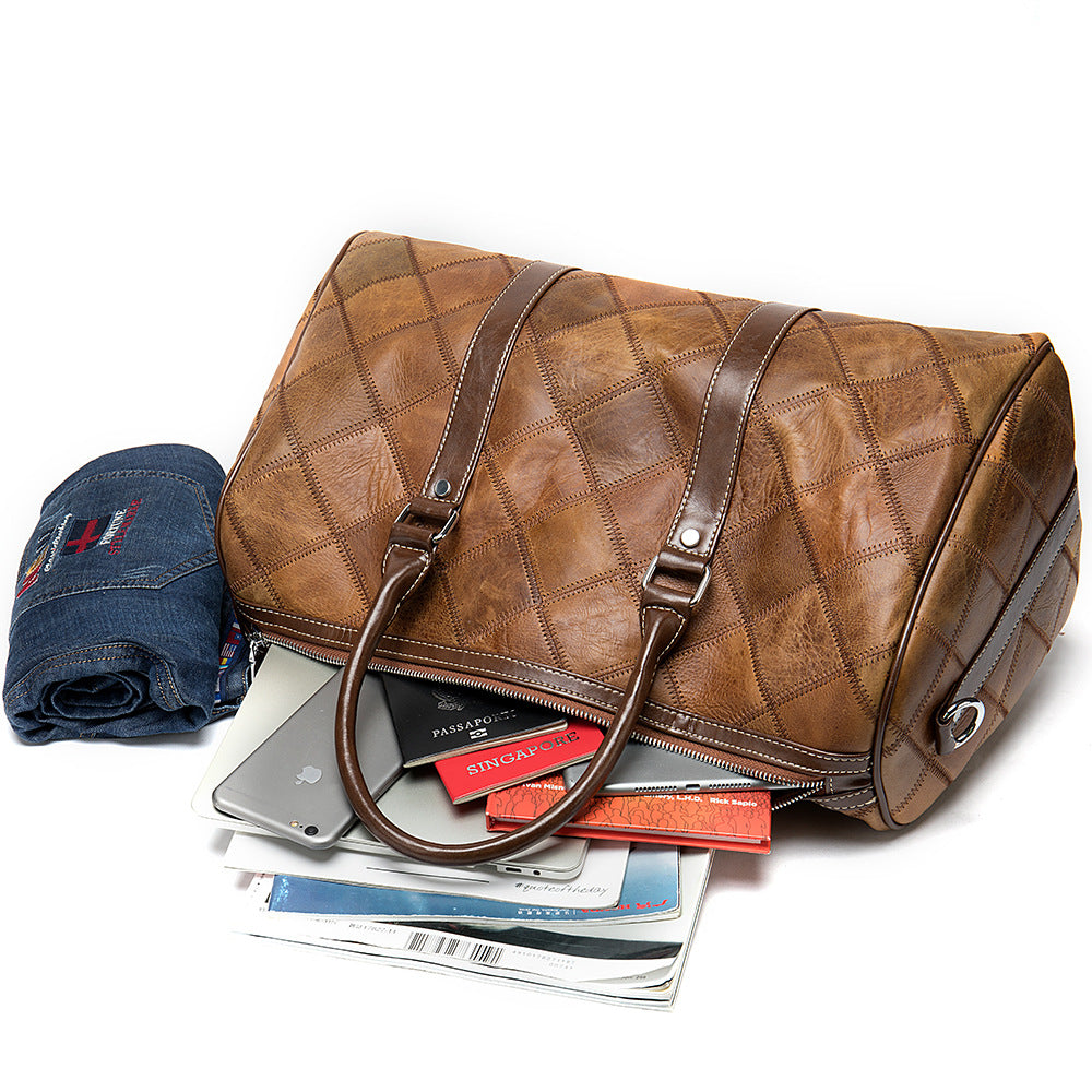 Men's Leather First Layer Cowhide Plaid Retro Travel Bags