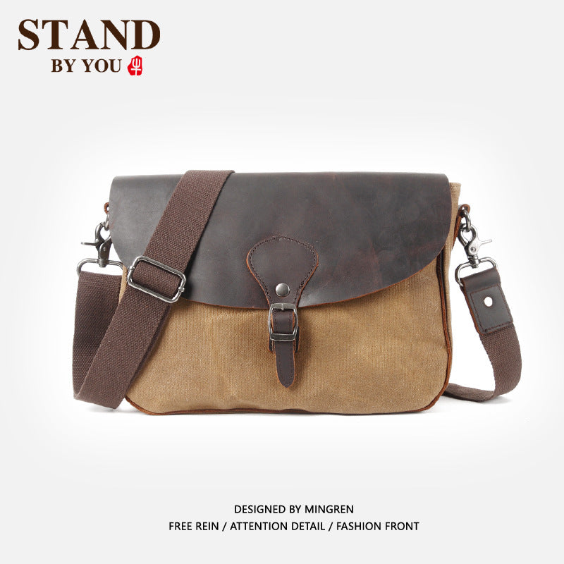 Men's Retro Crazy Horse Leather Canvas Horizontal Men's Messenger Bags