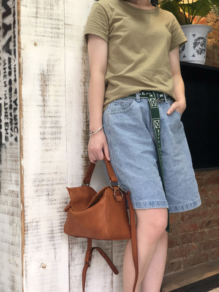 Women's Vegetable Tanned Leather Cowhide Vintage Motorcycle Handbags