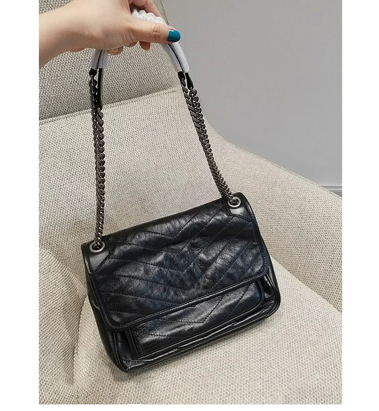 Women's Versatile Crack Soft Cowhide Chain Shoulder Bags