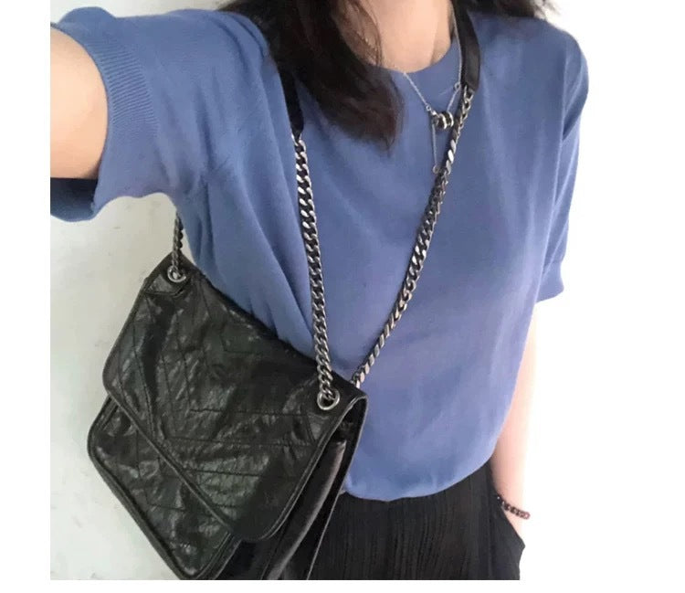 Women's Versatile Crack Soft Cowhide Chain Shoulder Bags
