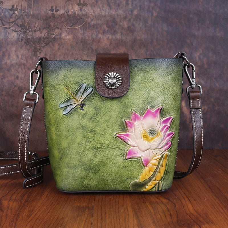 Top Layer Cowhide Leather Retro Embossing Colored Shoulder Bags