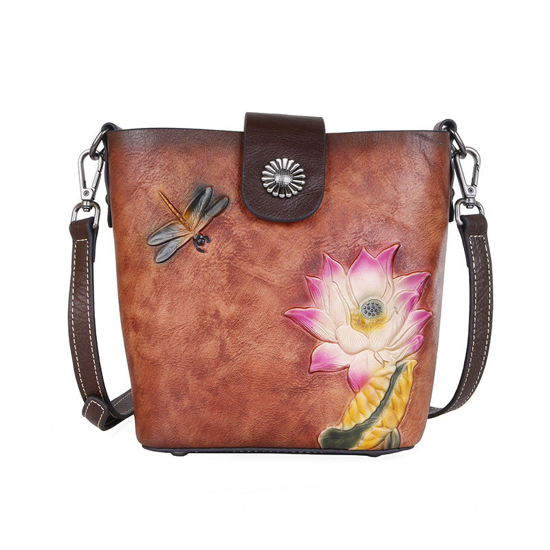 Top Layer Cowhide Leather Retro Embossing Colored Shoulder Bags