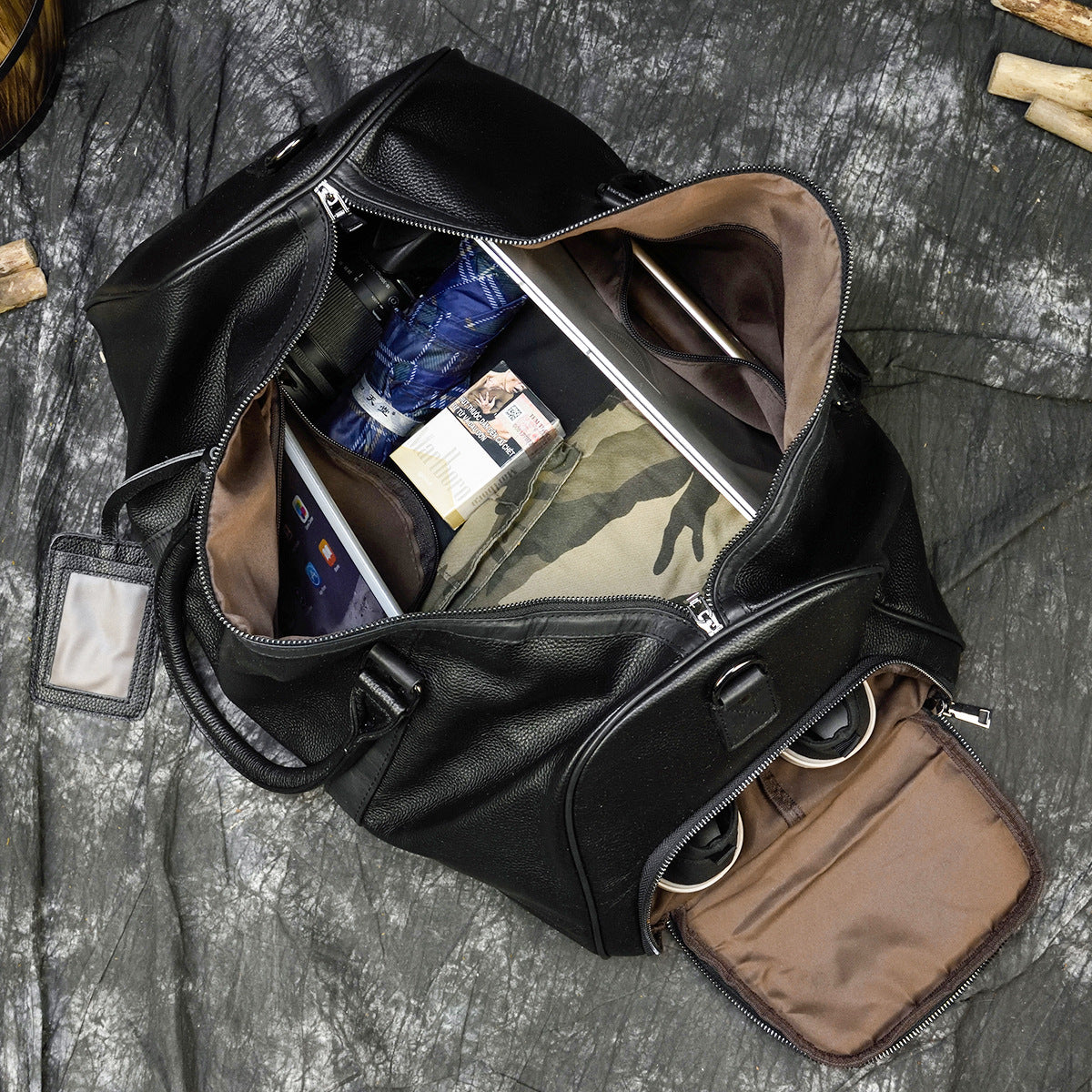 Men's Black Cowhide Large Capacity With Shoe Travel Bags