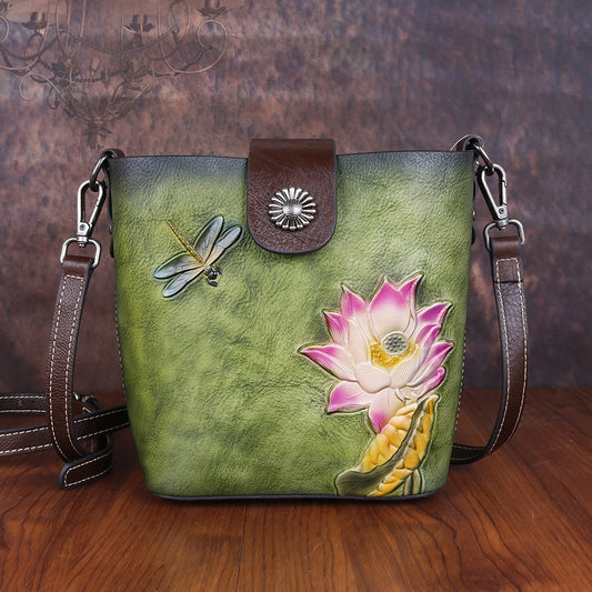 Top Layer Cowhide Leather Retro Embossing Colored Shoulder Bags