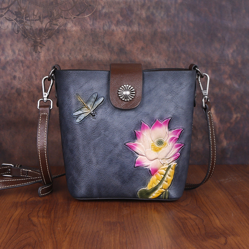 Top Layer Cowhide Leather Retro Embossing Colored Shoulder Bags
