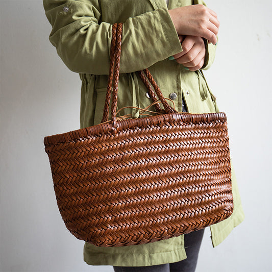 Women's Soft Leather French Food Basket Woven Bags