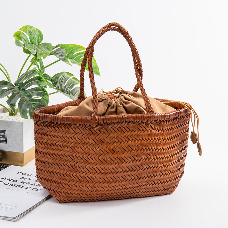 Women's Soft Leather French Food Basket Woven Bags