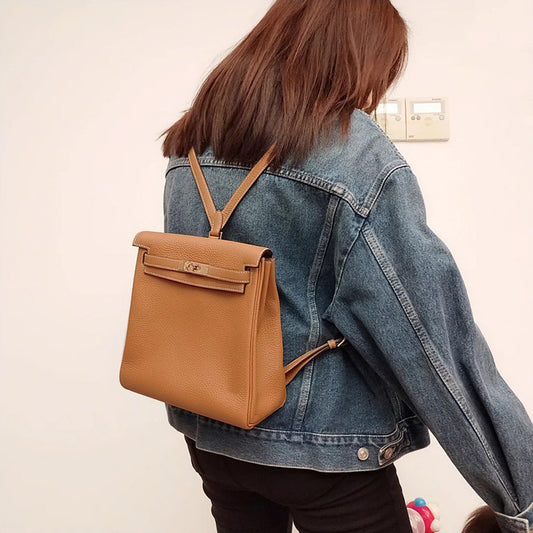 Women's First Layer Cowhide Lychee Pattern Kelly Backpacks