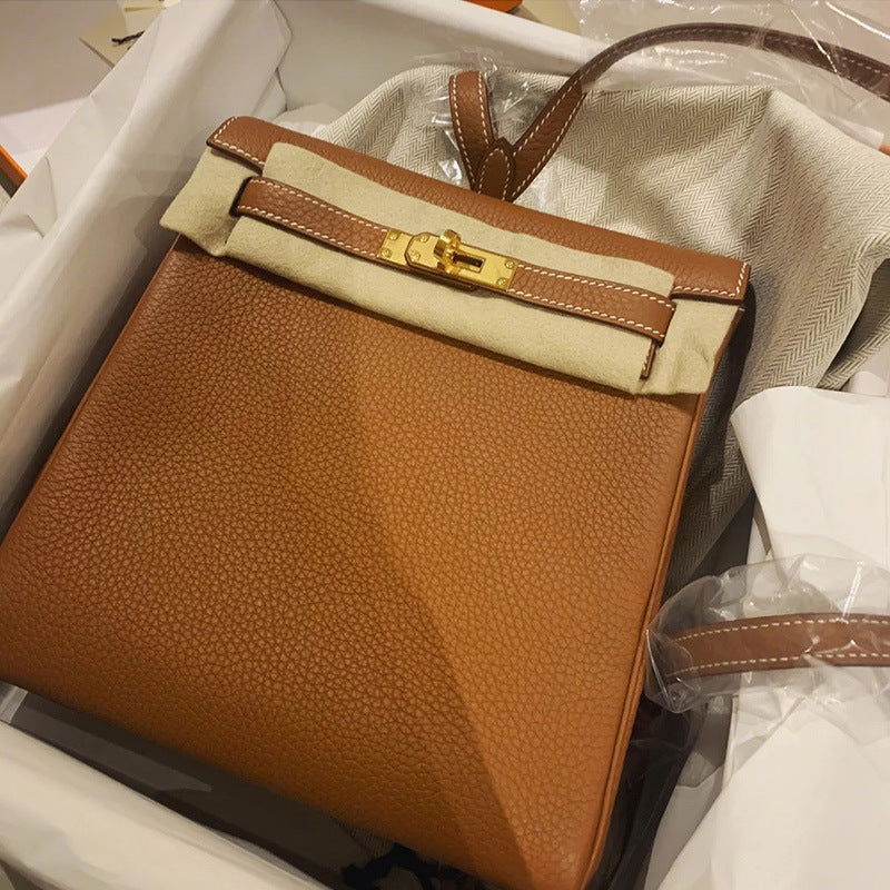 Women's First Layer Cowhide Lychee Pattern Kelly Backpacks