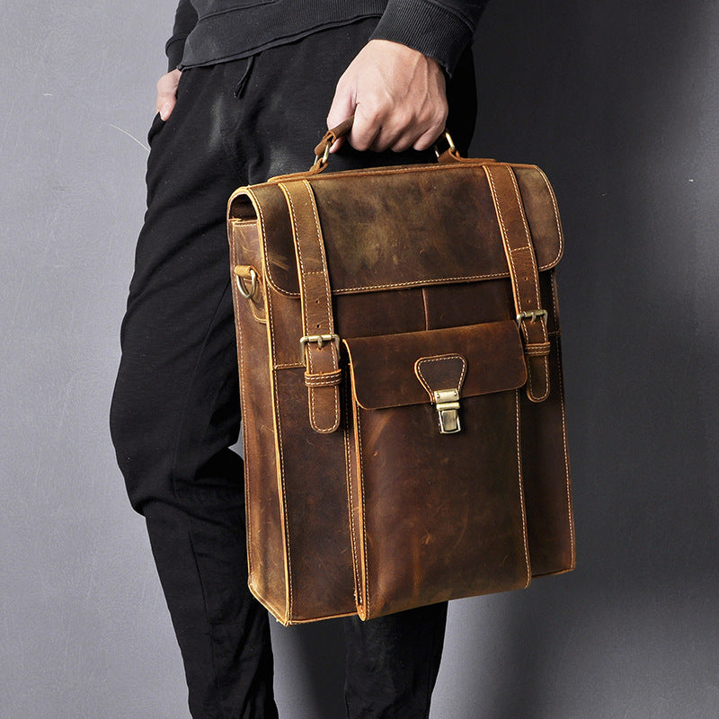 Men's Crazy Horse Leather Genuine Retro Large Backpacks