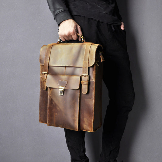 Men's Crazy Horse Leather Genuine Retro Large Backpacks