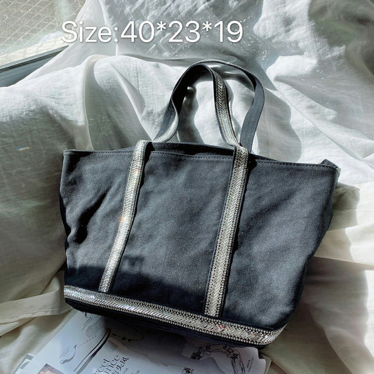 Canvas Rhinestone Large Capacity Totes Contrast Bags