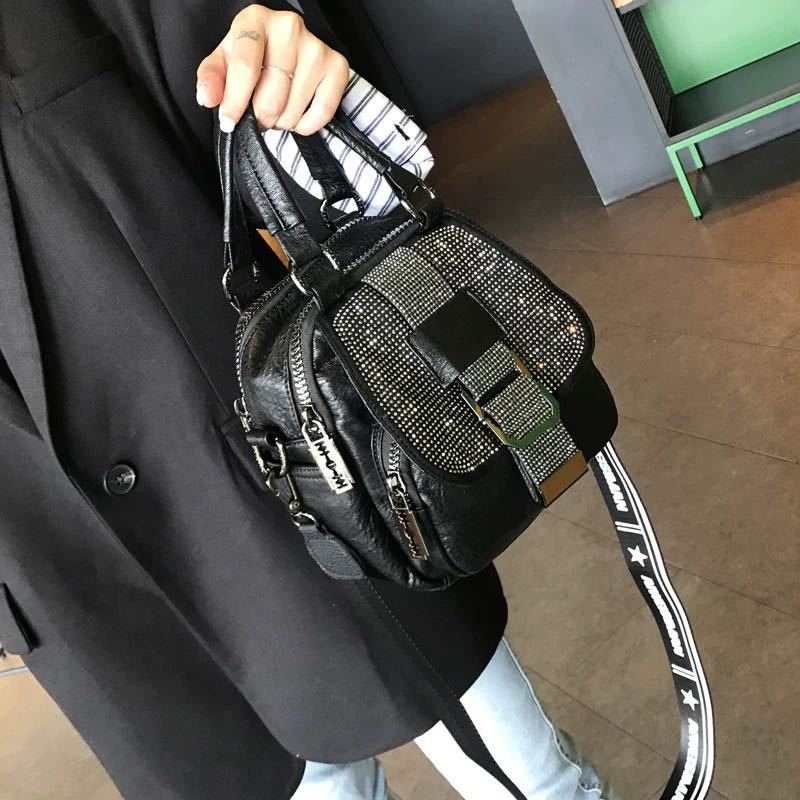 Women's Rhinestone Soft Leather Fashion Contrast Color Backpacks