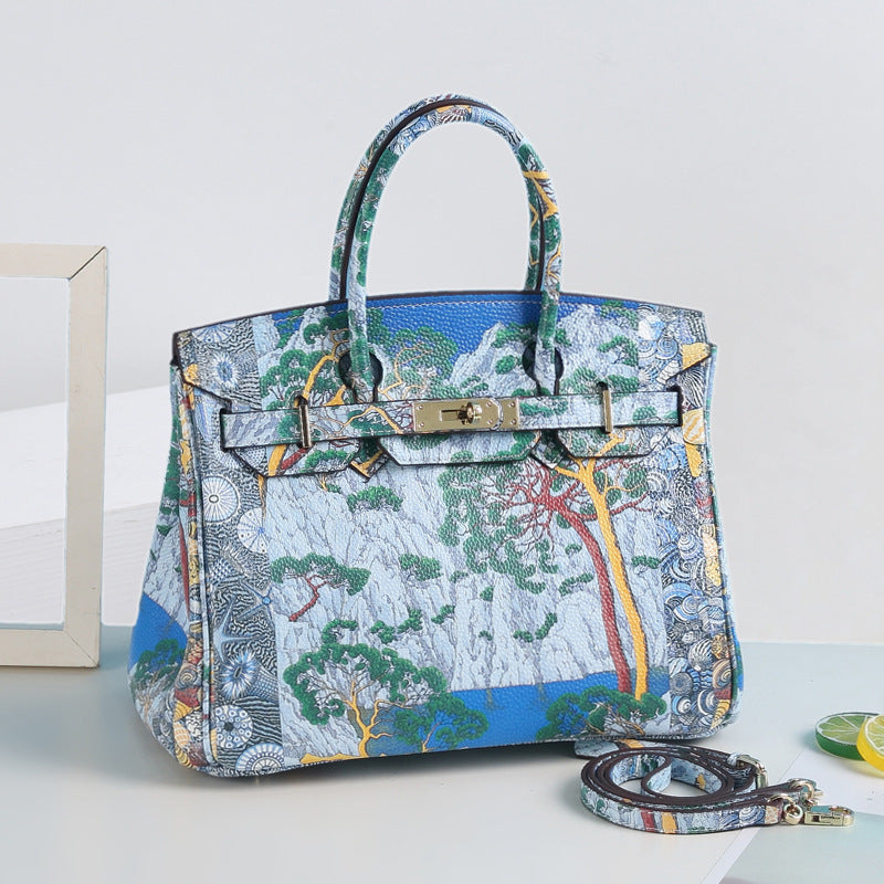 Women's Litchi Pattern Top Layer Cowhide Print Painted Genuine Handbags