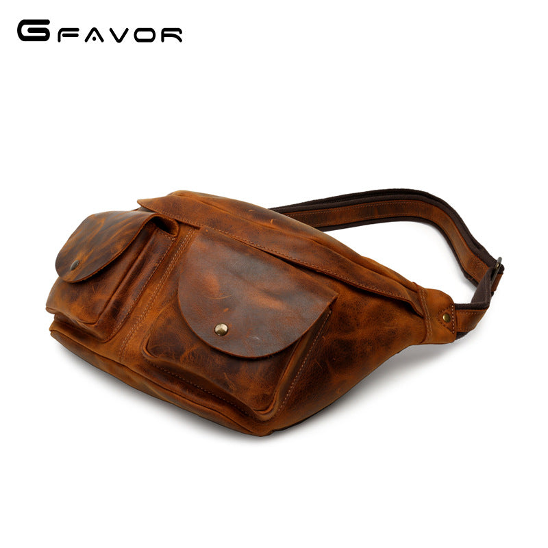 Men's Pocket Retro First Layer Cowhide Crazy Horse Men's Chest Bags