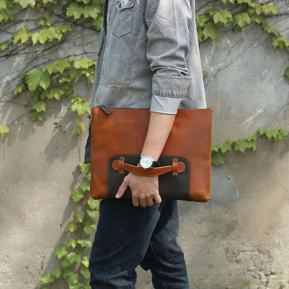 Men's Layer Cowhide Large Capacity Clutch Handmade Genuine Men's Briefcases