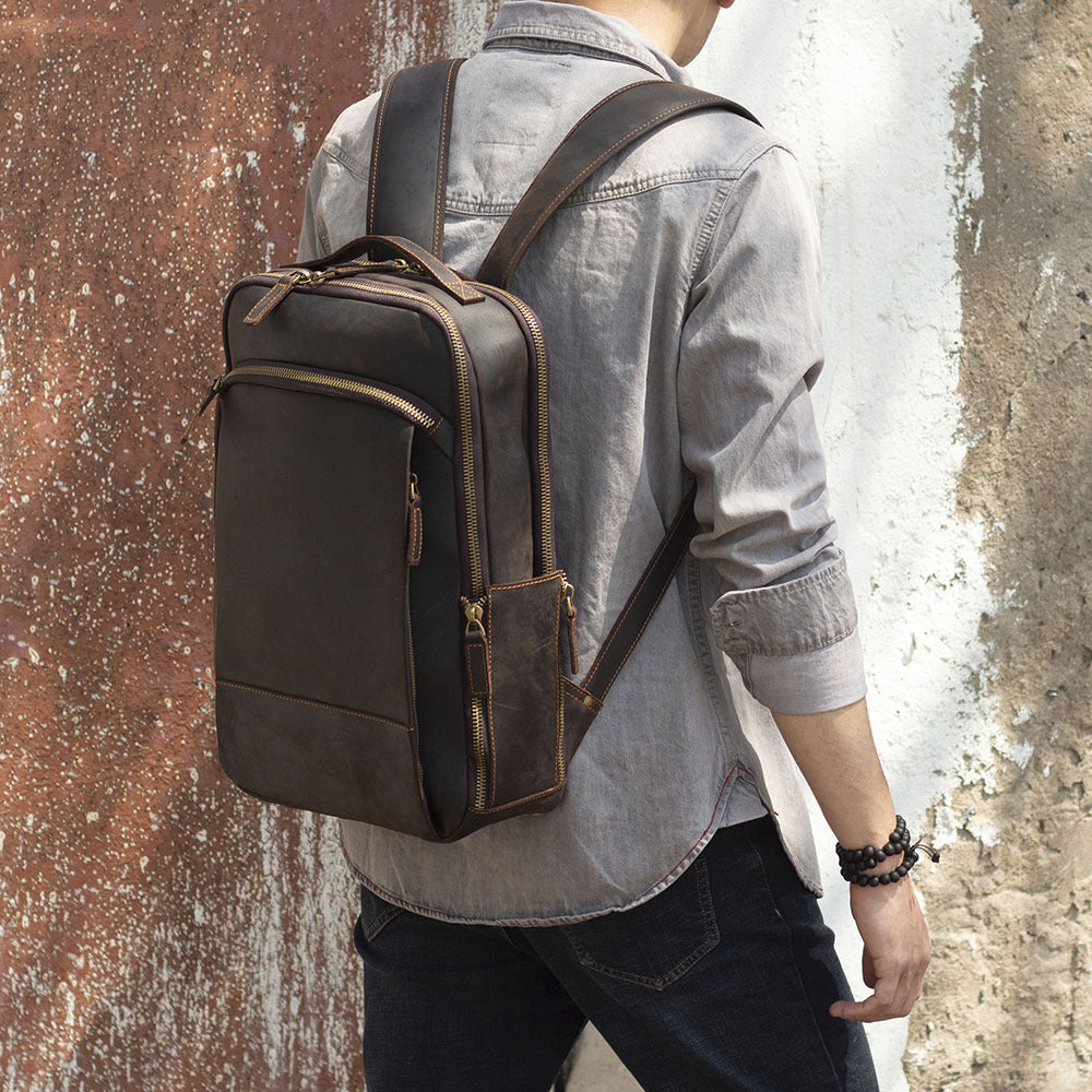 Men's Retro Leather Crazy Horse First Layer Backpacks