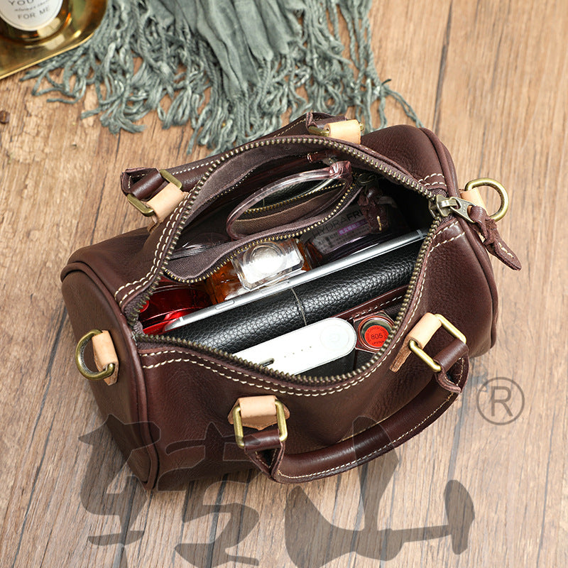 Women's Handmade First Layer Cowhide Boston Portable Bags
