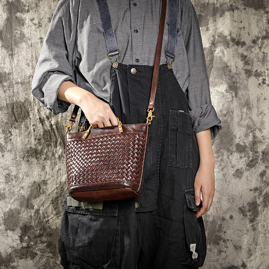 Women's Leather Handmade Woven Vegetable Tanning Washed Waxing Crossbody Bags