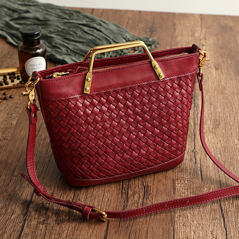 Women's Leather Handmade Woven Vegetable Tanning Washed Waxing Crossbody Bags