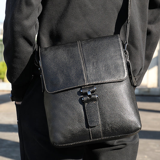 Genuine Leather Vertical Clamshell Top Layer Men's Messenger Bags
