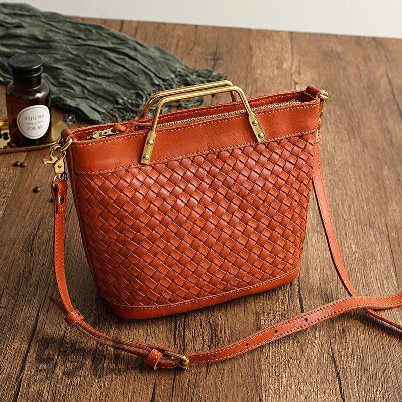 Women's Leather Handmade Woven Vegetable Tanning Washed Waxing Crossbody Bags