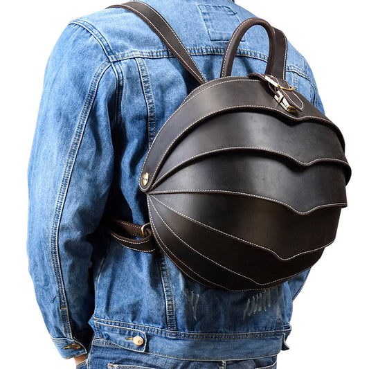 Women's & Men's & Genuine Leather Creative Personalized Beetle Round Crazy Horse Backpacks